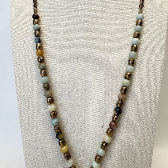 Tassel Pendant Necklace Stone Beads Brassy Gold Tone Long Length Adjustable - Picture 6 of 10